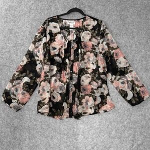 NorthStyle Womens XL Blouse Floral Pintuck Button Sheer Pink Black Long Sleeve